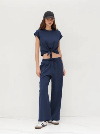 Cotton-blend Twist Roll-up Sleeve Top & Mid Rise Elastic Waist Straight Leg Trousers Set