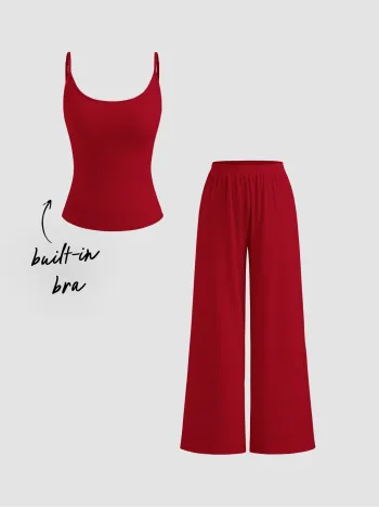 Loungewear-Set mit B-Halter-Cami-Top mit U-Halsrand und Mittelbund-Breitbein-Hosen