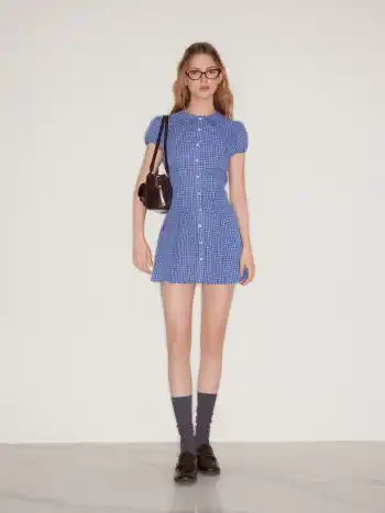 Cotton-blend Collar Plaid Pleated Mini Dress