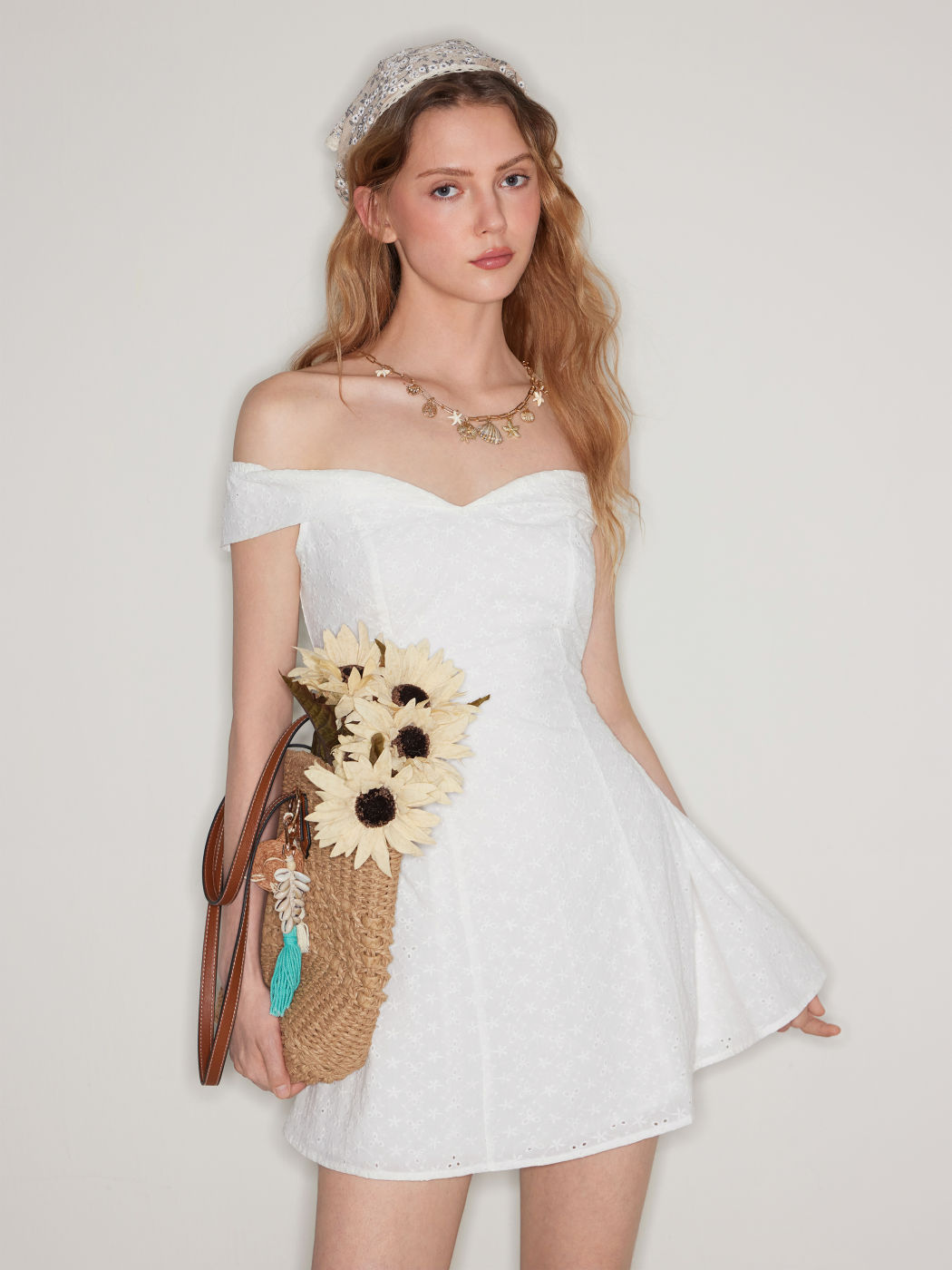 Broderie Anglaise 100% Cotton Off-shoulder Solid Mini Dress