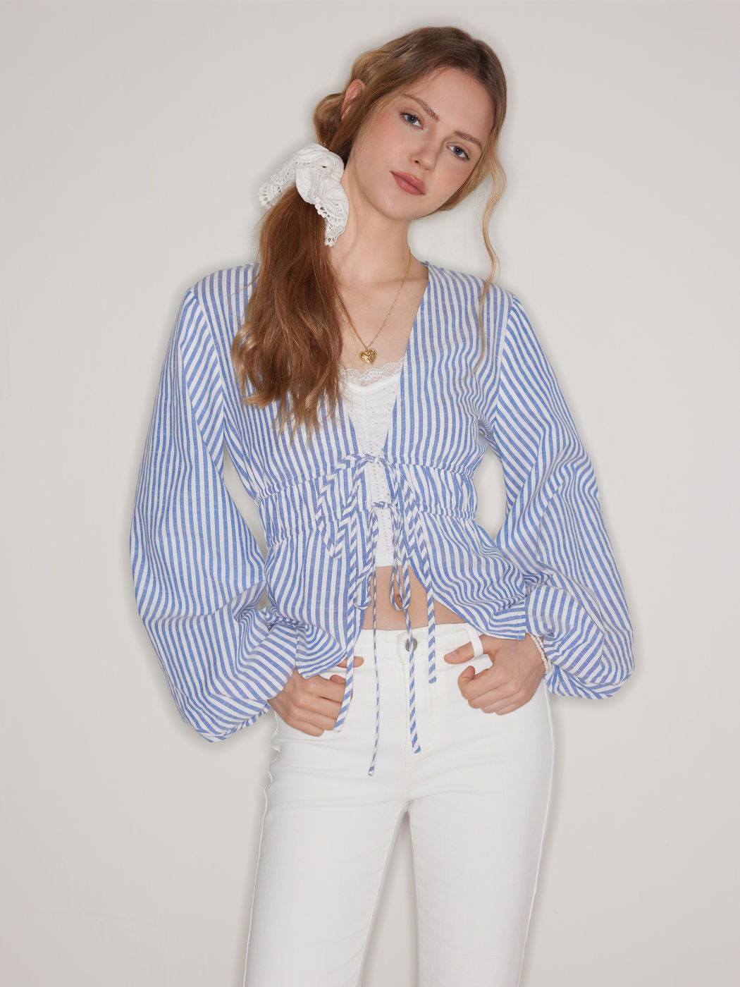 Cotton-blend V-neck Striped Knotted Shirred Long Sleeve Blouse