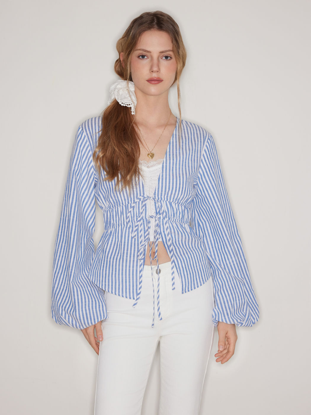 Cotton-blend V-neck Striped Knotted Shirred Long Sleeve Blouse