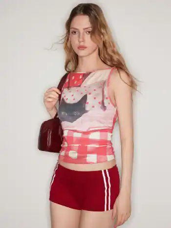Cotton-blend Cat Graphic Gingham Ruched Tank Top