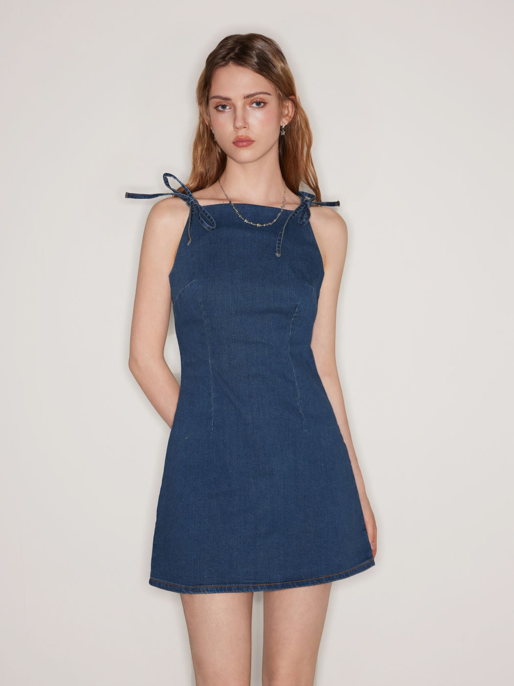 Stretch Denim Solid Zipper Knotted Mini Dress