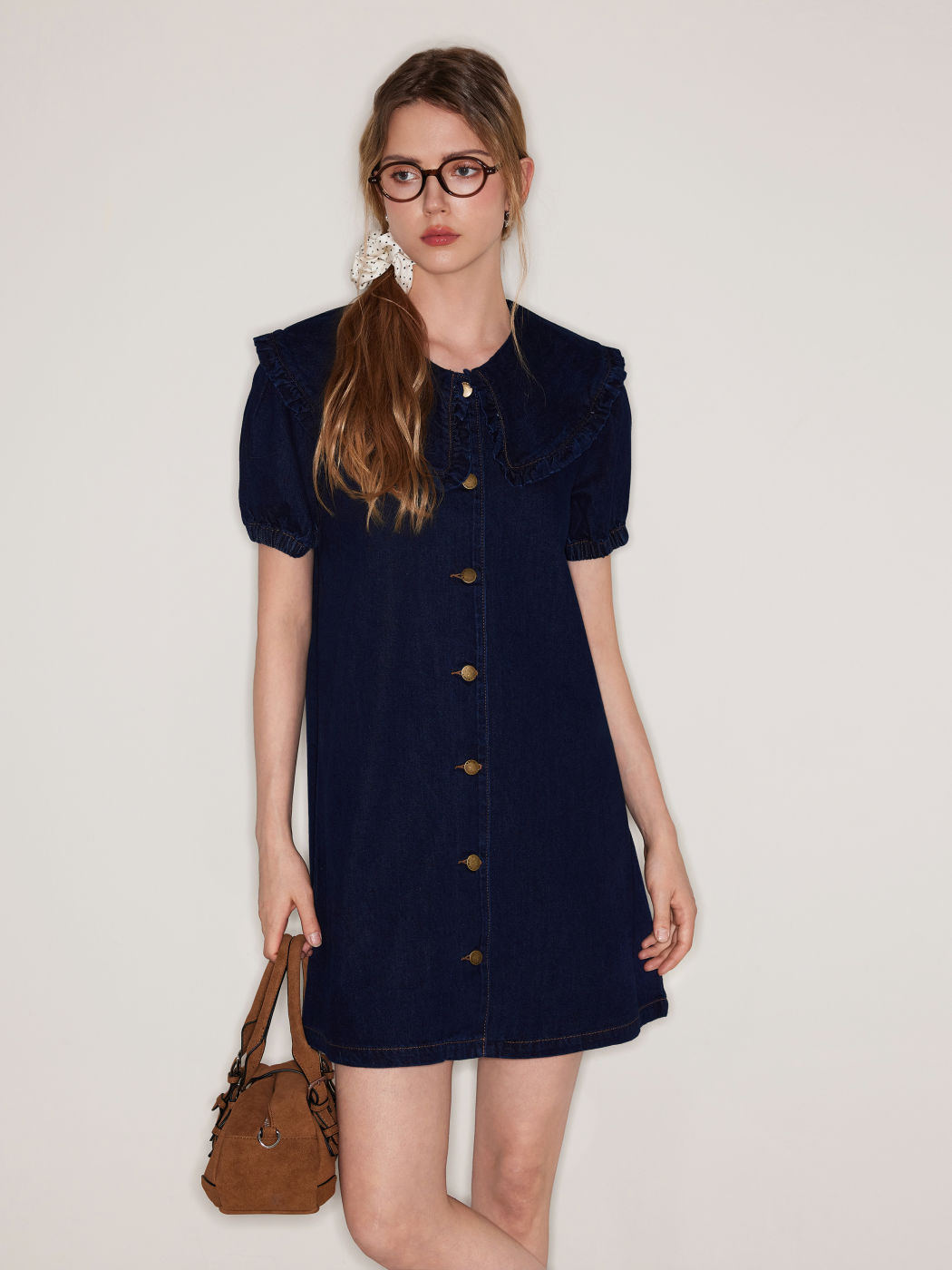Denim Peter Pan Collar Button Through Smock Puff Sleeve Mini Dress