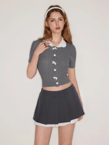 Cable Knit Collar Bowknot Short Sleeve Crop Top