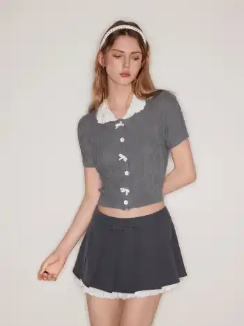 Cable Knit Collar Bowknot Short Sleeve Crop Top