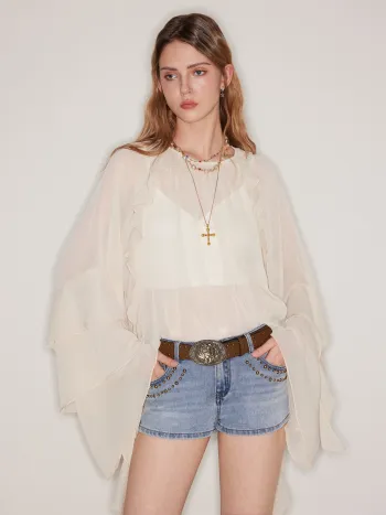Chiffon Ruffle Hem See-through Bell Sleeve Blouse
