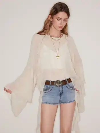 Chiffon Ruffle Hem See-through Bell Sleeve Blouse