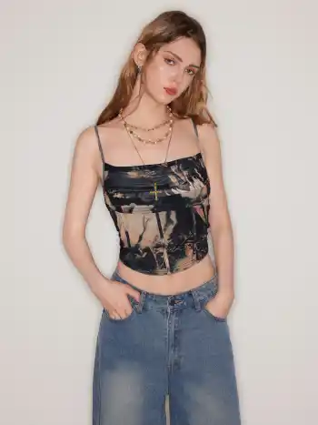 Mesh Abstract Ruched Corset Crop Cami Top