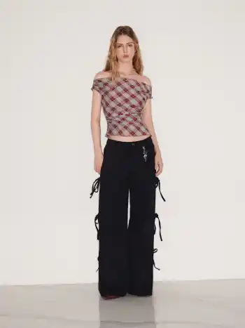 Off-shoulder Tartan Ruched Crop Top
