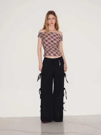 Off-shoulder Tartan Ruched Crop Top