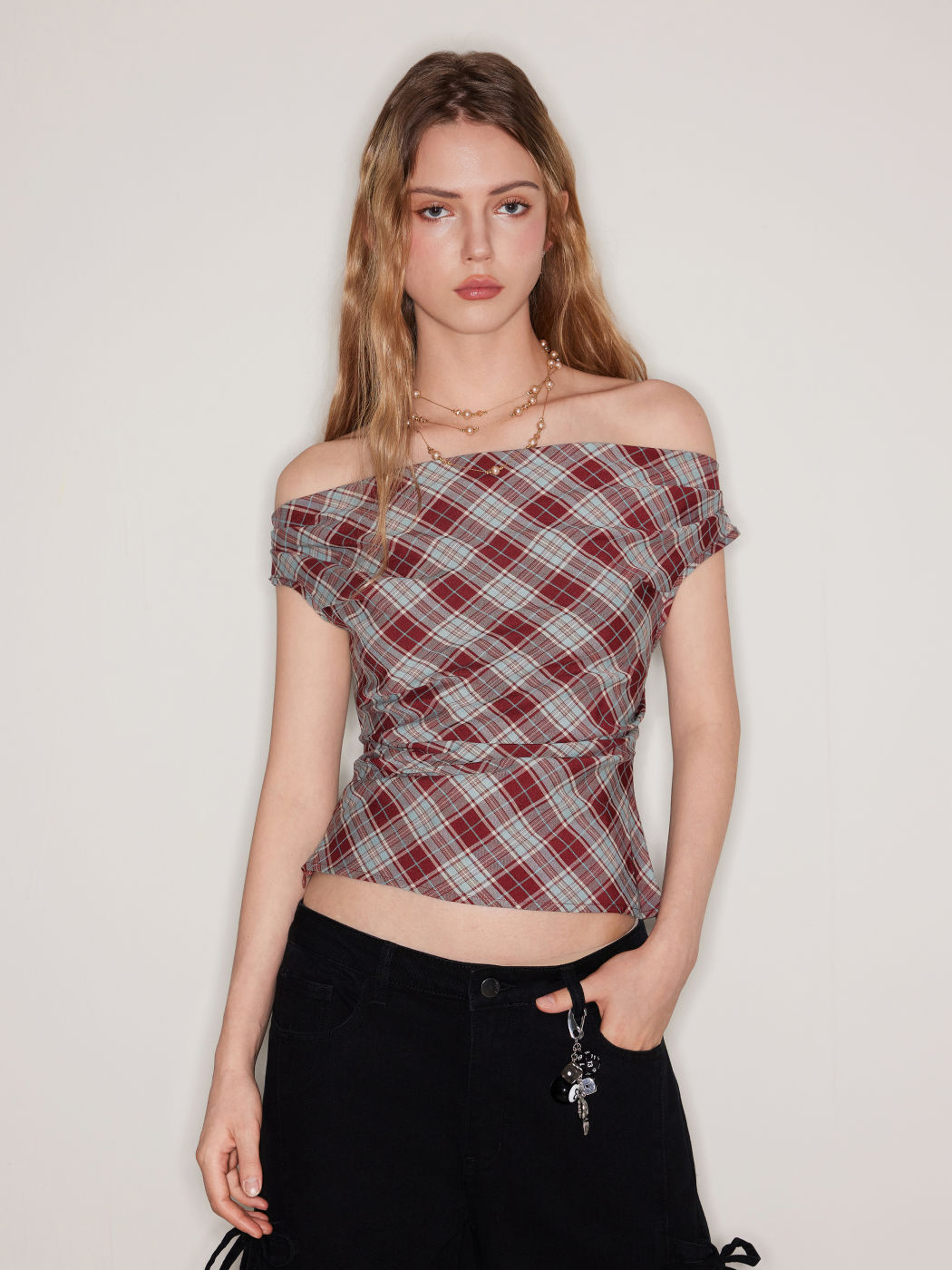 Off-shoulder Tartan Ruched Crop Top