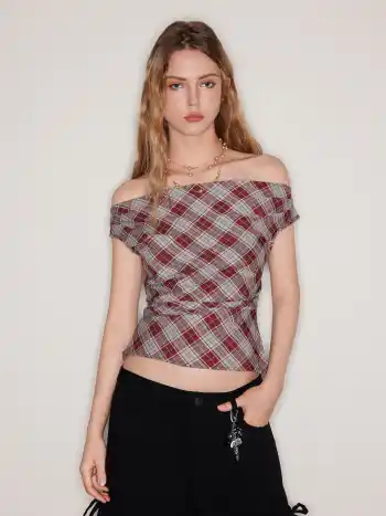 Off-shoulder Tartan Ruched Crop Top