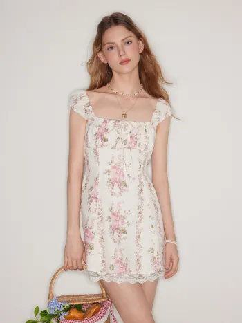 Square Neck Floral Knotted Mini Dress