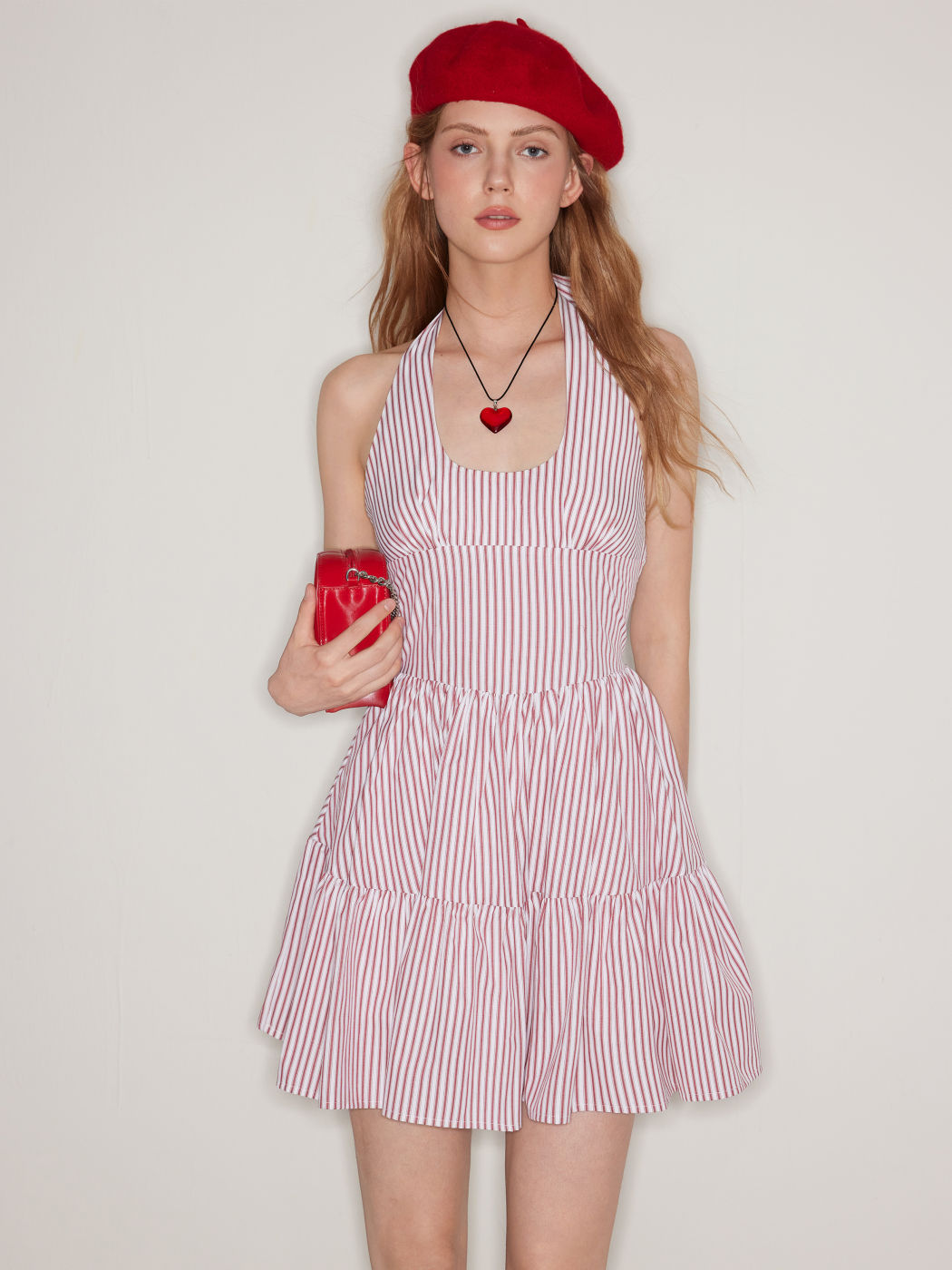 Cotton-blend Halter Neckline Stripe Shirred Ruffle Mini Dress