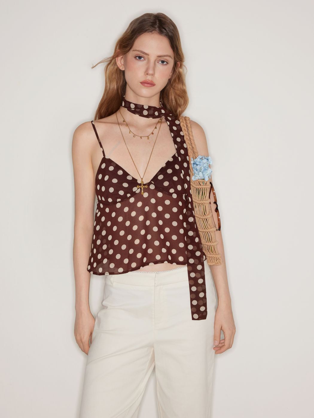 Chiffon Sweetheart Polka Dot Crop Cami Top With Scarf