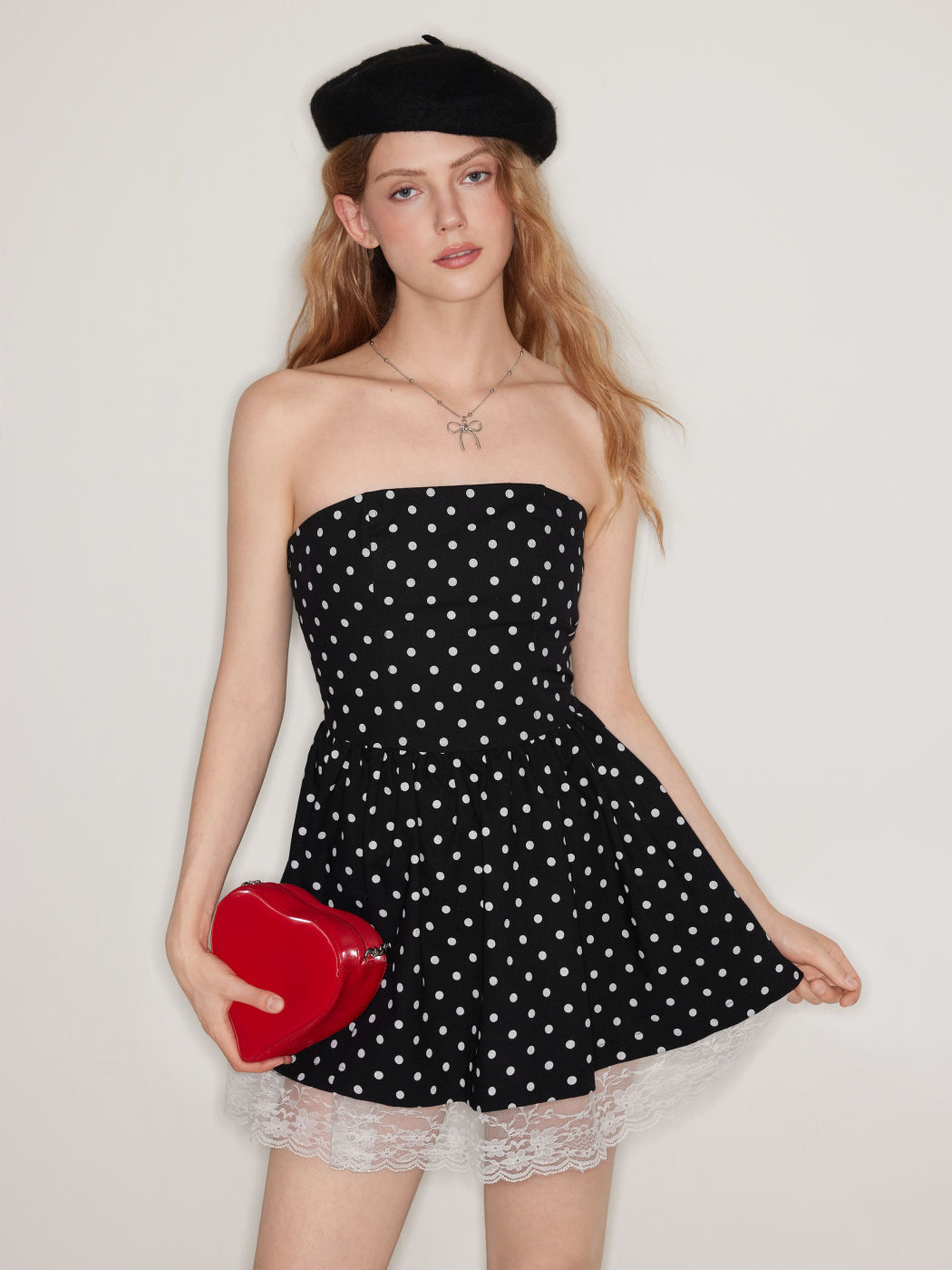 Linen-blend Polka Dot Lace Up Bandeau Mini Dress