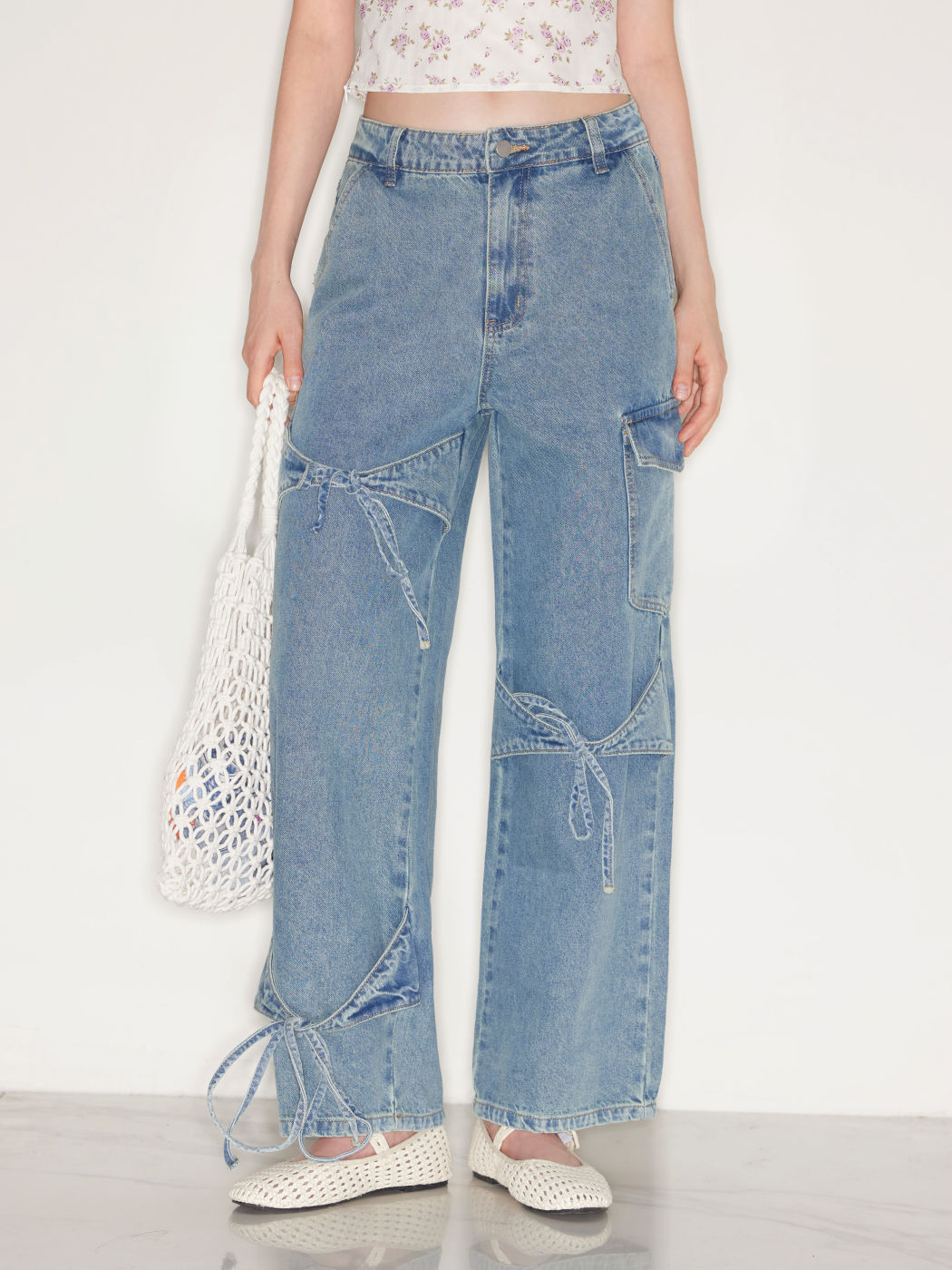 Cider Denim Low Rise Solid Bowknot Pocket Wide Leg Jeans