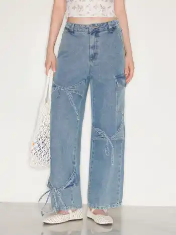 Cider Denim Low Rise Solid Bowknot Pocket Wide Leg Jeans