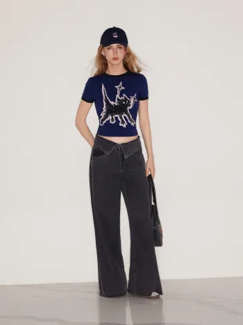 Cat Graphic Round Neckline Short Sleeve Tee