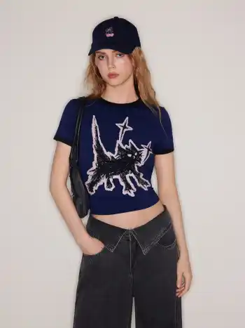 Cat Graphic Round Neckline Short Sleeve Tee