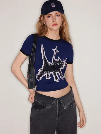 Cat Graphic Round Neckline Short Sleeve Tee