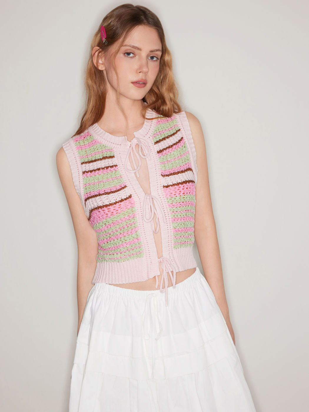 Knitted Stripe Tie Front Bow Crop Vest