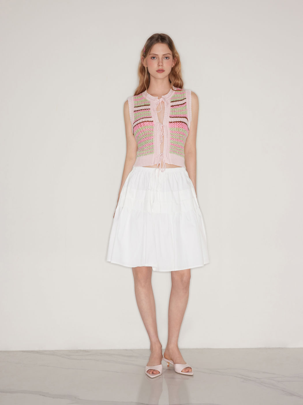 Cotton Mid Rise Elastic Waist Ruffle Midi Skirt