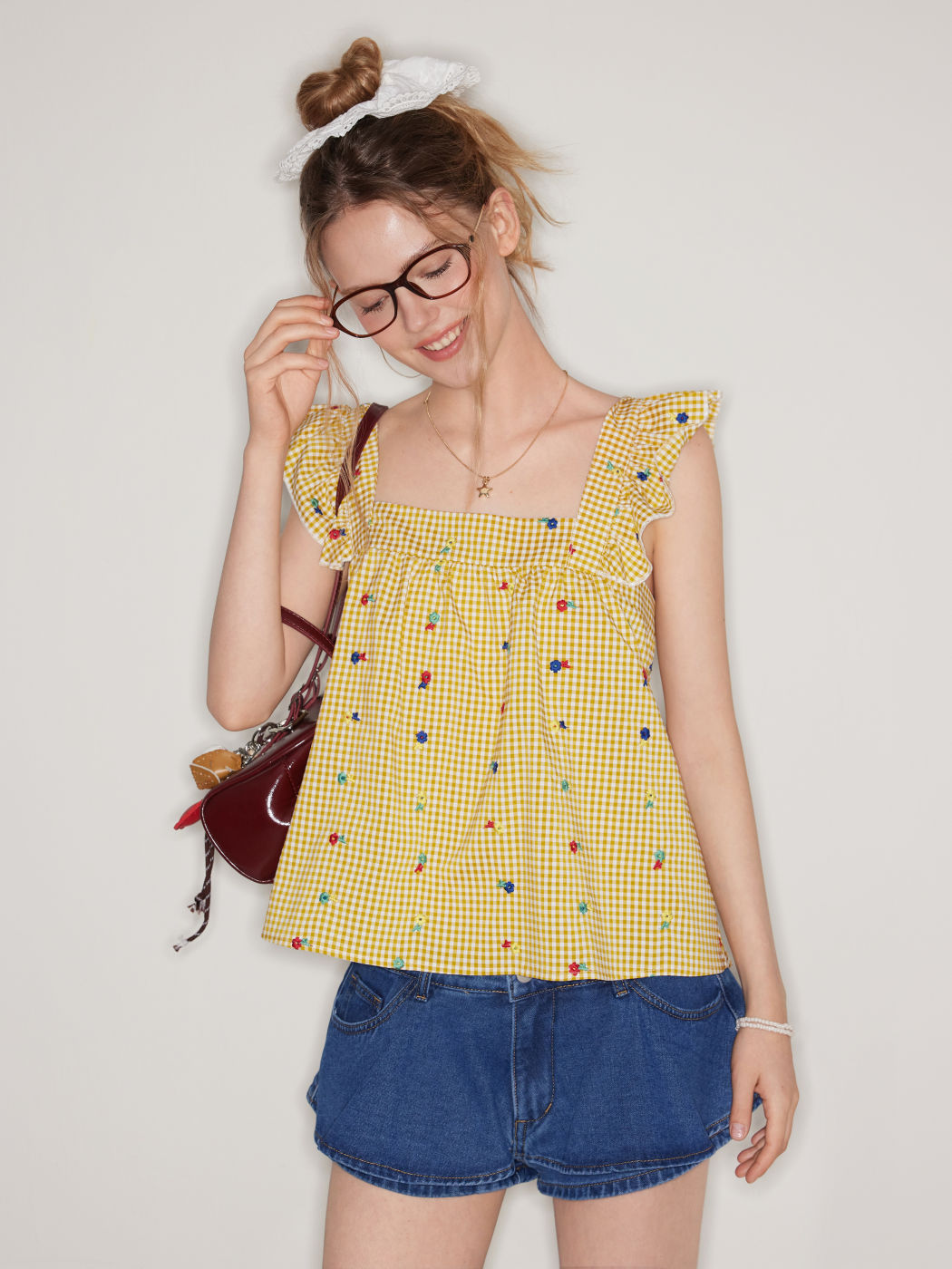 Gingham Floral Embroidery Ruffle Hem Bowknot Tank Top