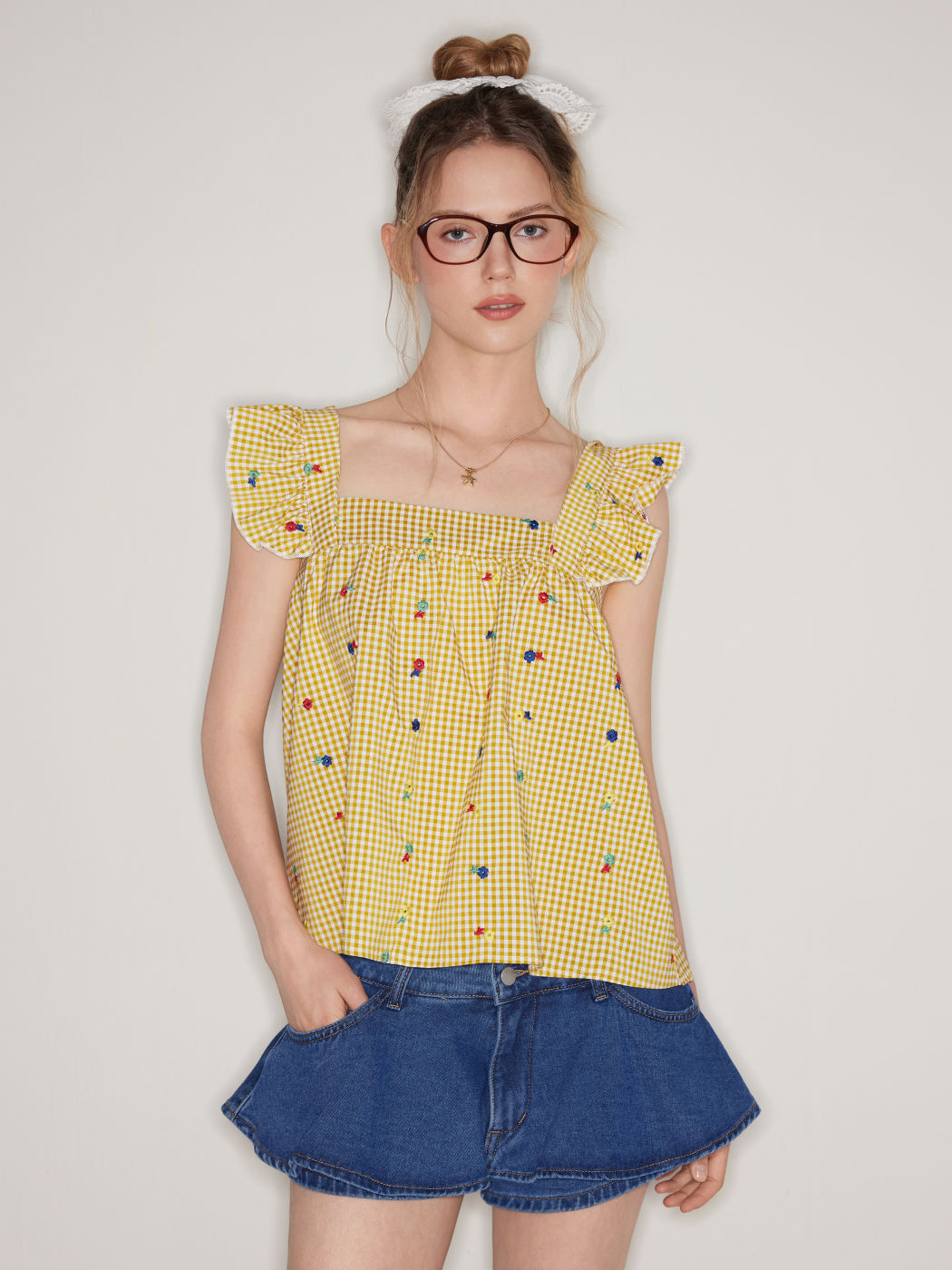 Gingham Floral Embroidery Ruffle Hem Bowknot Tank Top