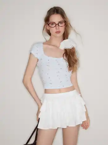 100% Cotton Mid Rise Broderie Anglaise Layered Mini Skirt