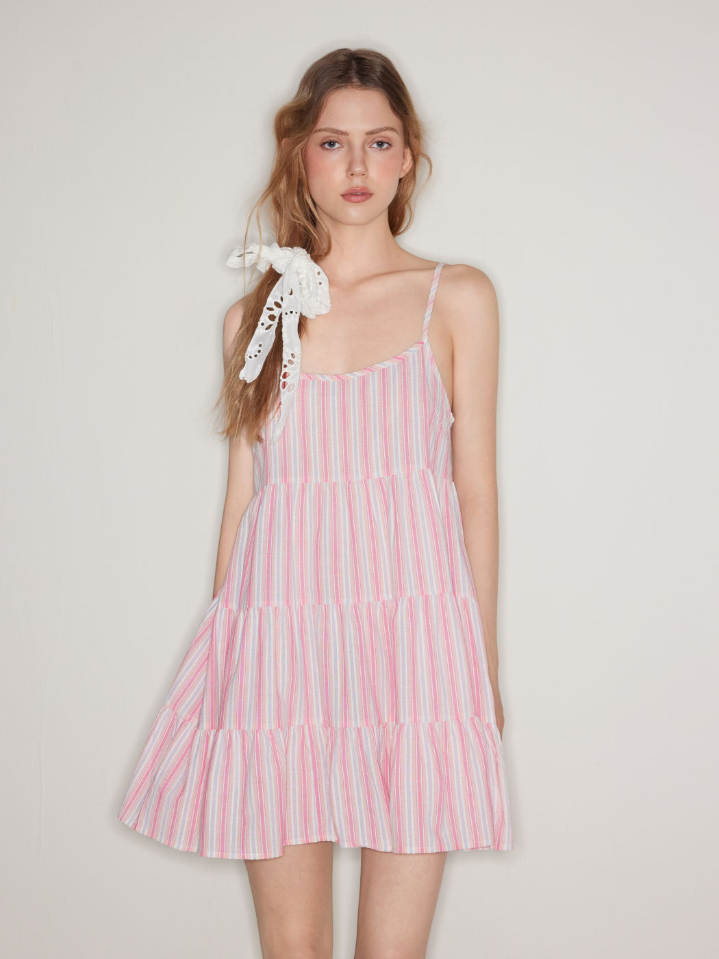 100% Cotton U-neckline Stripe Ruffle Smock Mini Dress