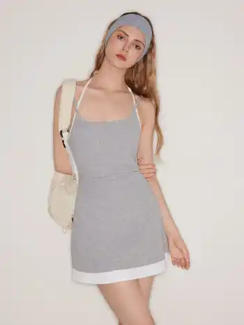 Cotton-blend Halter Neckline Two Tone Ruched Mini Dress 