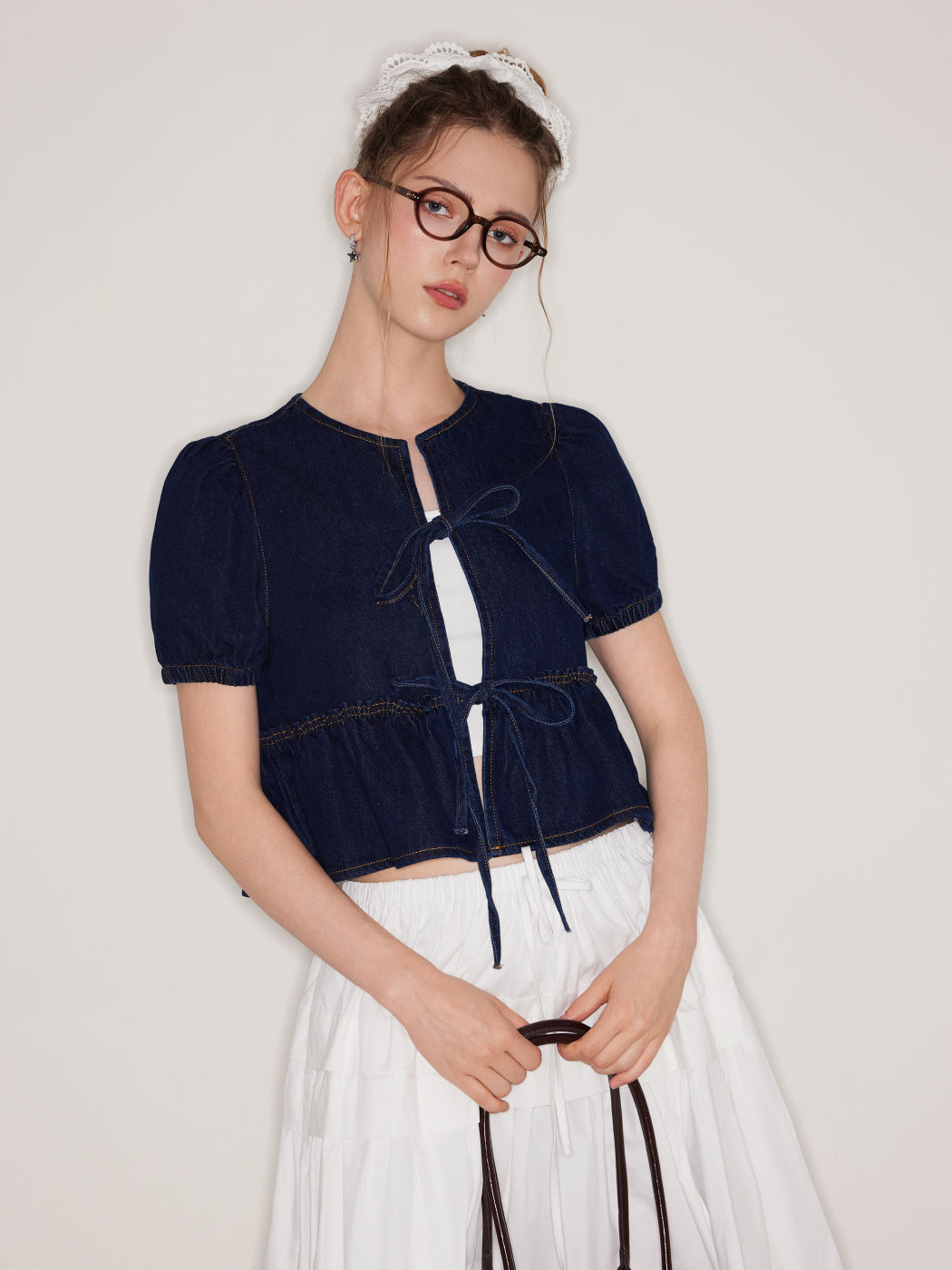Denim Tie Front Bow Puff Sleeve Oversized Blouse