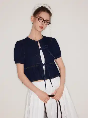 Denim Tie Front Bow Puff Sleeve Oversized Blouse