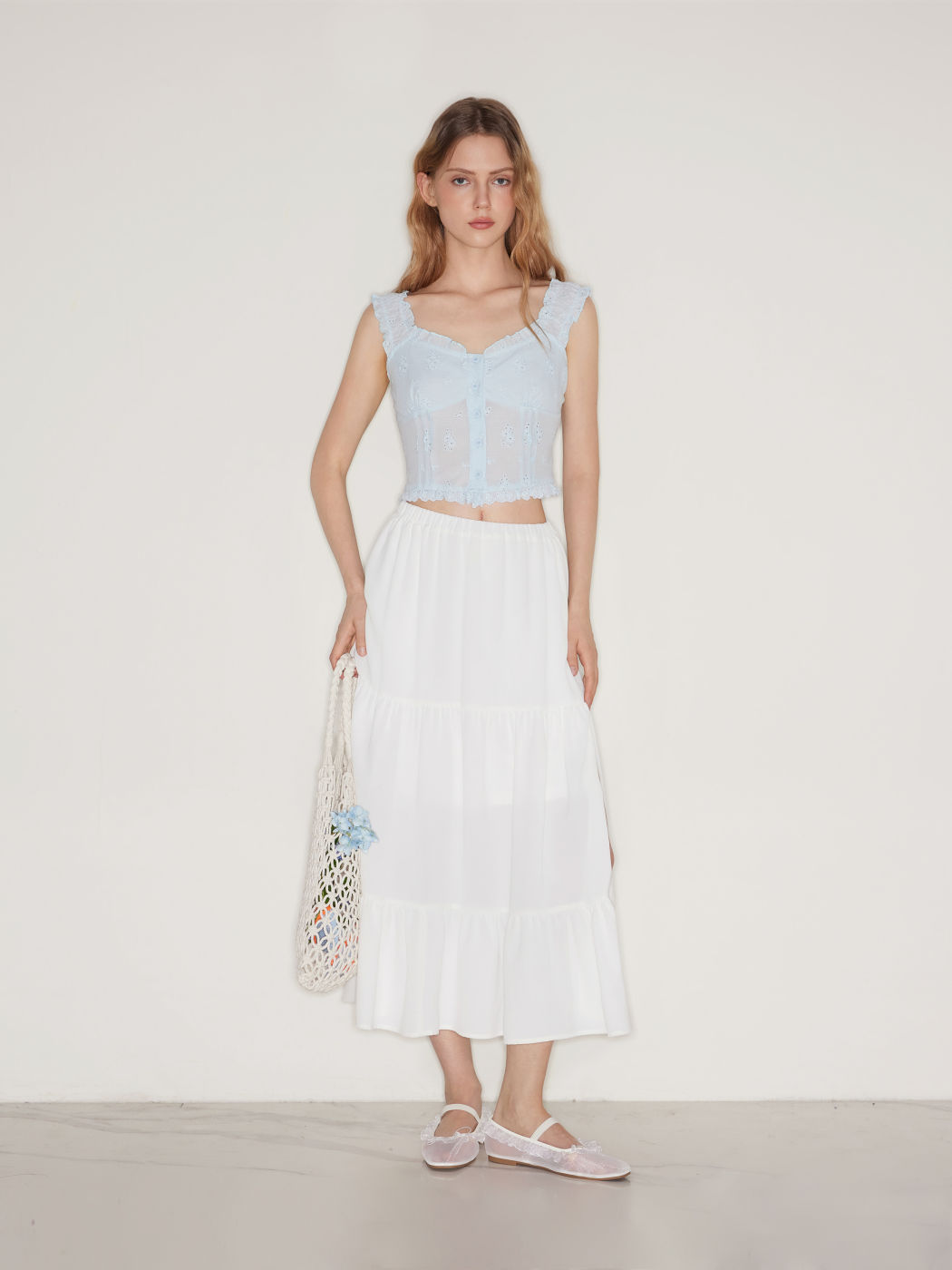 Cotton Mid Rise Embroidery Ruffle Maxi Skirt