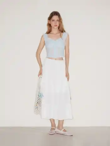 Cotton Mid Rise Embroidery Ruffle Maxi Skirt
