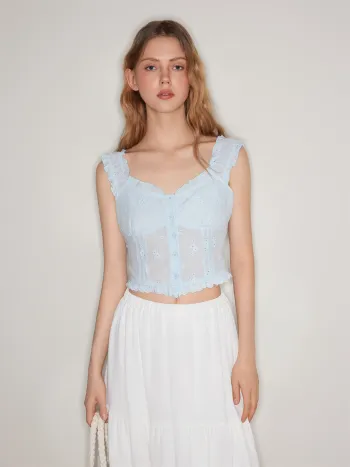 Cotton V-neck Broderie Anglaise Floral Lettuce Trim Crop Tank Top