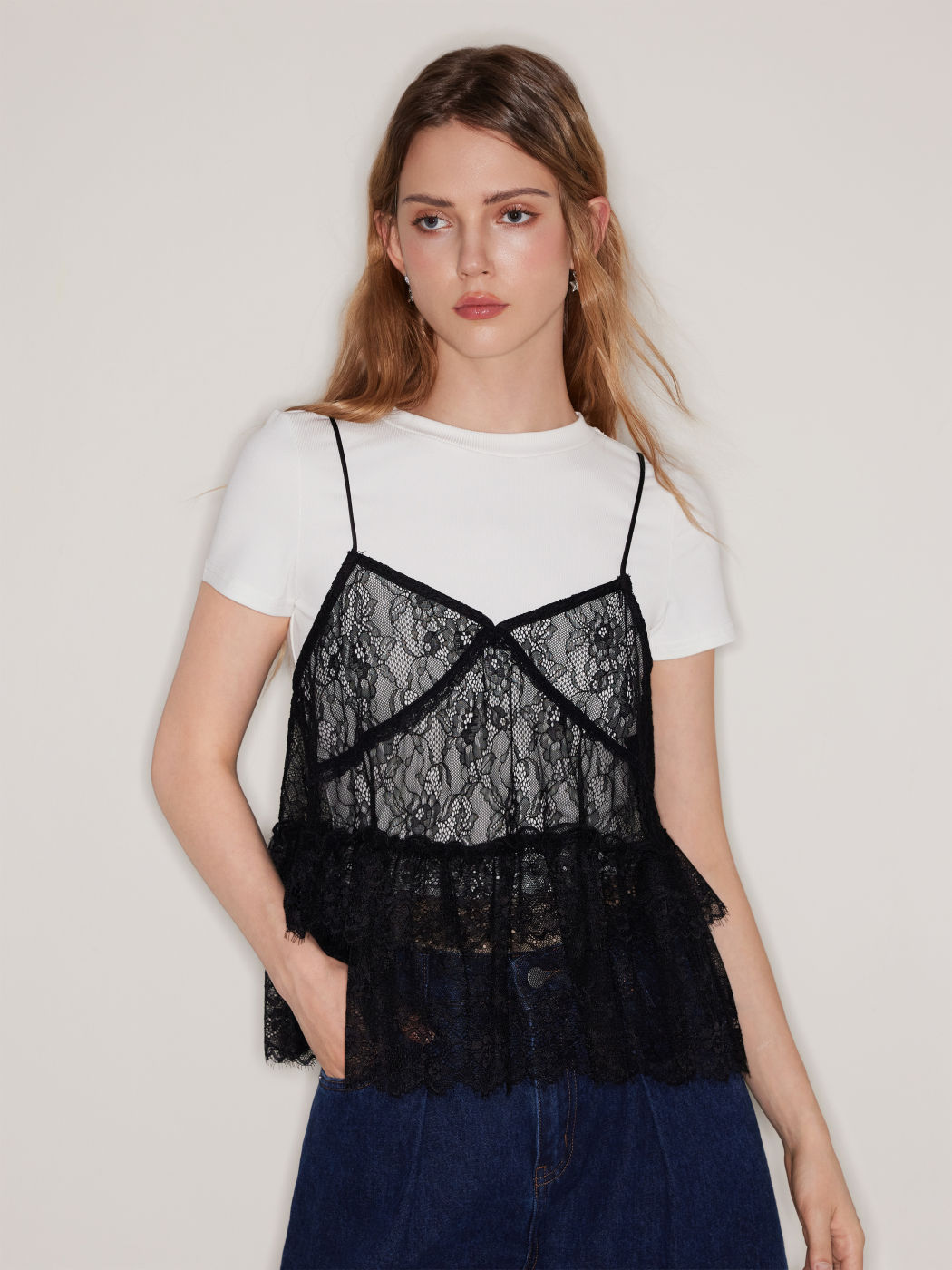 Two Piece Lace Layered Cami Top & Round Neckline Tee