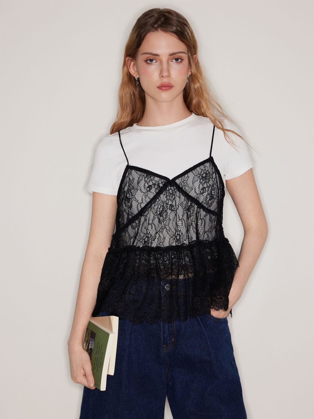 Two Piece Lace Layered Cami Top & Round Neckline Tee