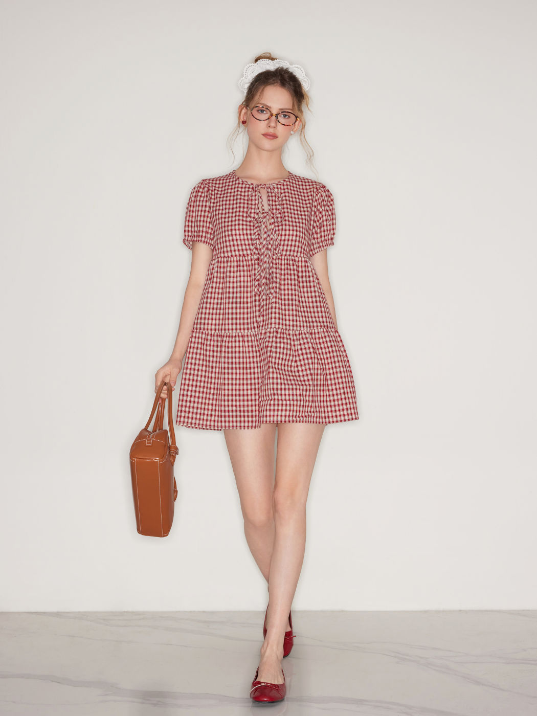 100% Cotton Gingham Tie Front Bow Cut Out Smock Mini Dress