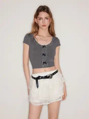Woven Mid Rise Tiered Mini Skort