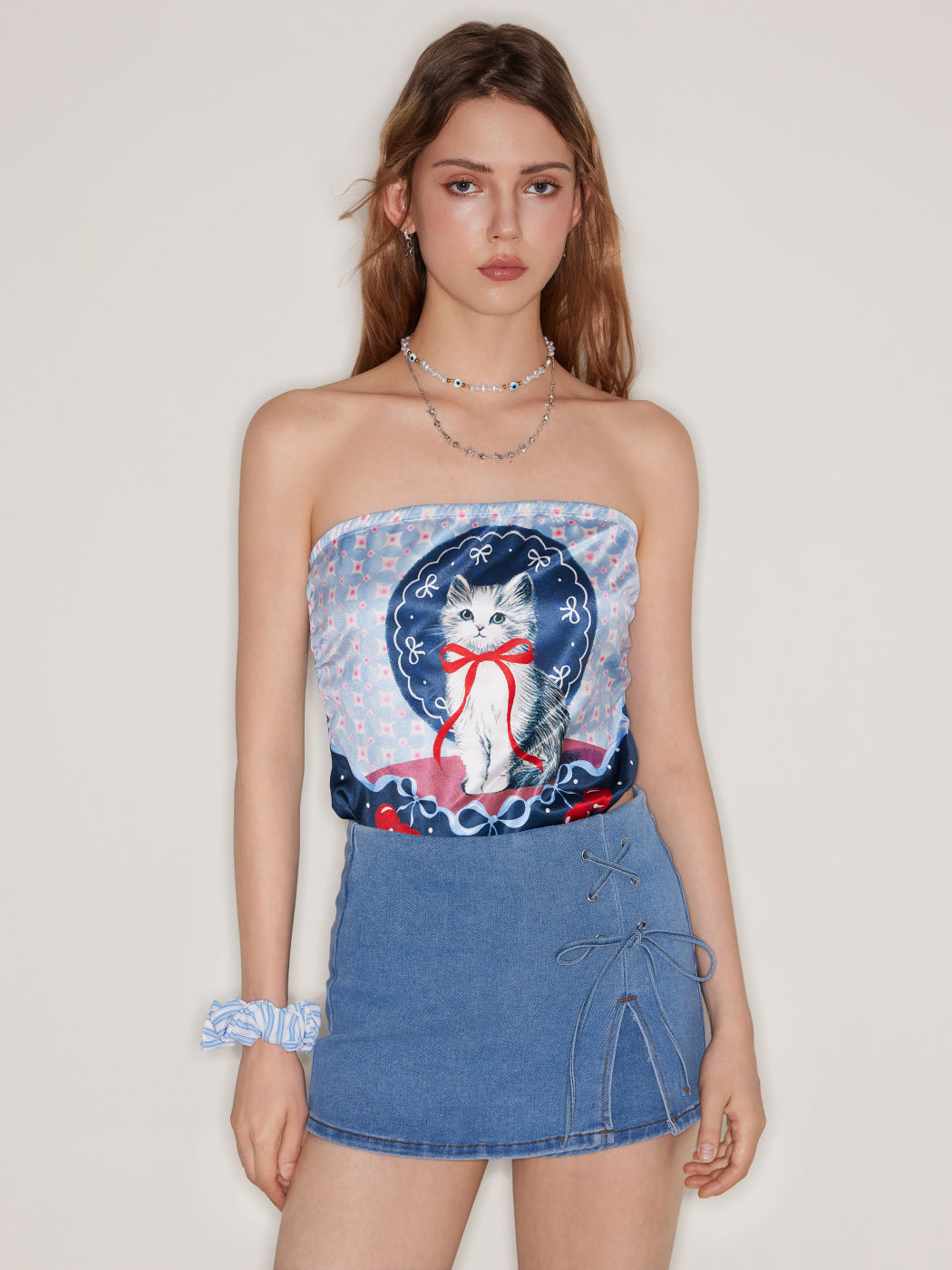 Stretch Denim Mid Rise Bowknot Split Mini Skort