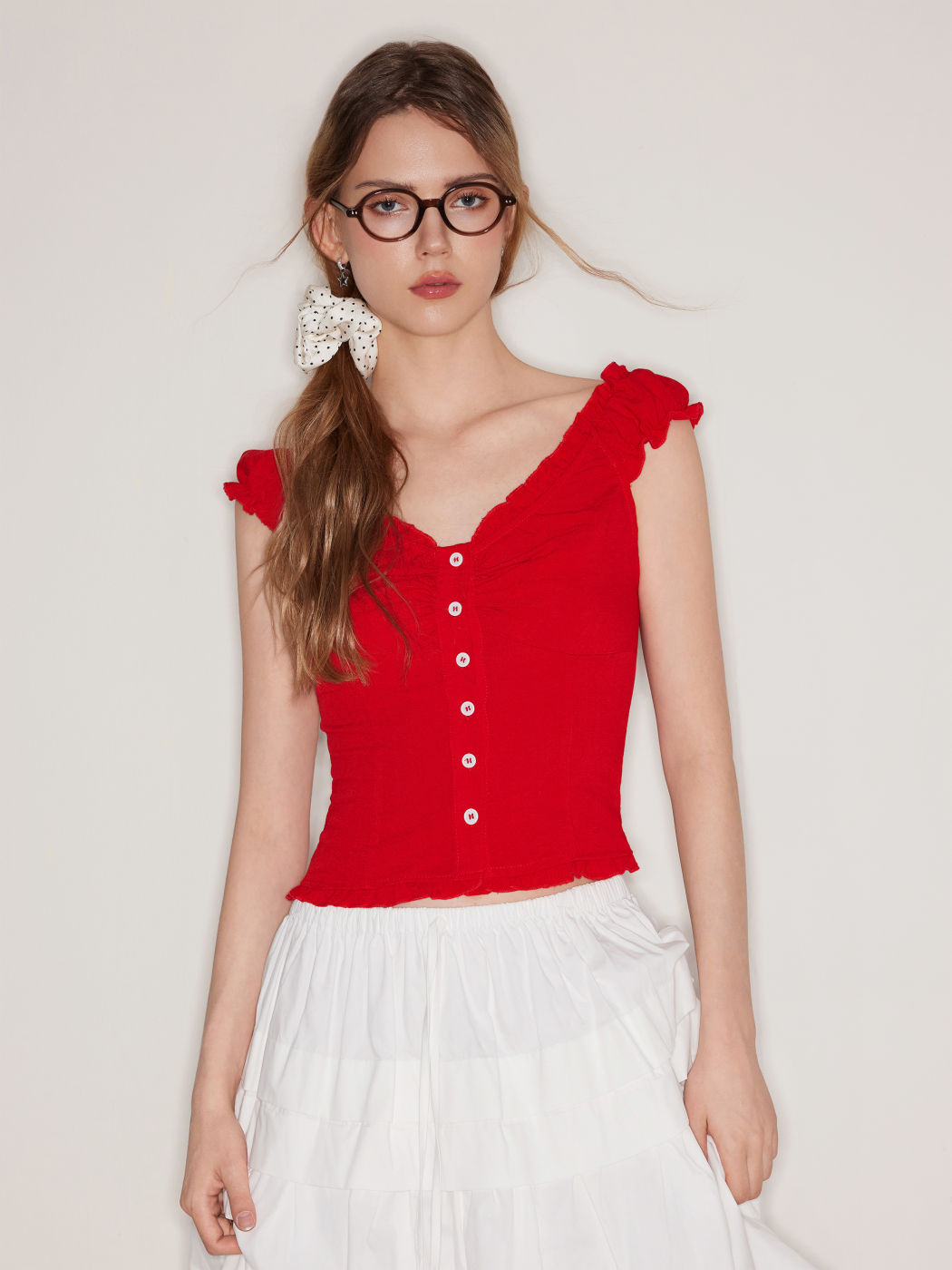 Sweetheart Lettuce Trim Shirred Blouse