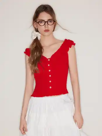 Sweetheart Lettuce Trim Shirred Blouse