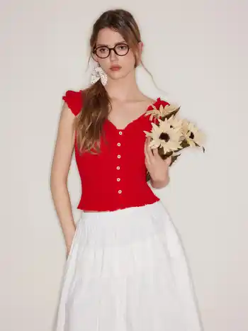 Sweetheart Lettuce Trim Shirred Blouse