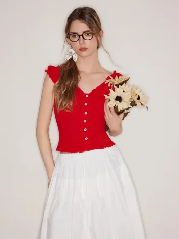 Sweetheart Lettuce Trim Shirred Blouse
