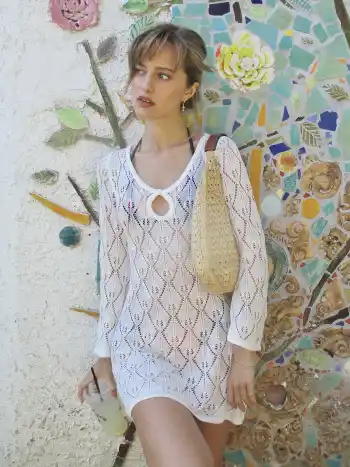 Knit Round Neckline Cut Out Crochet Cover Up Dress