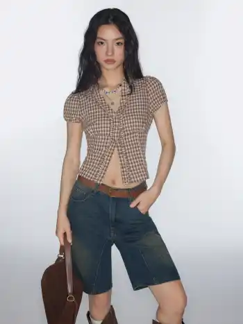 100% Cotton V-neck Check Button Short Sleeve Blouse